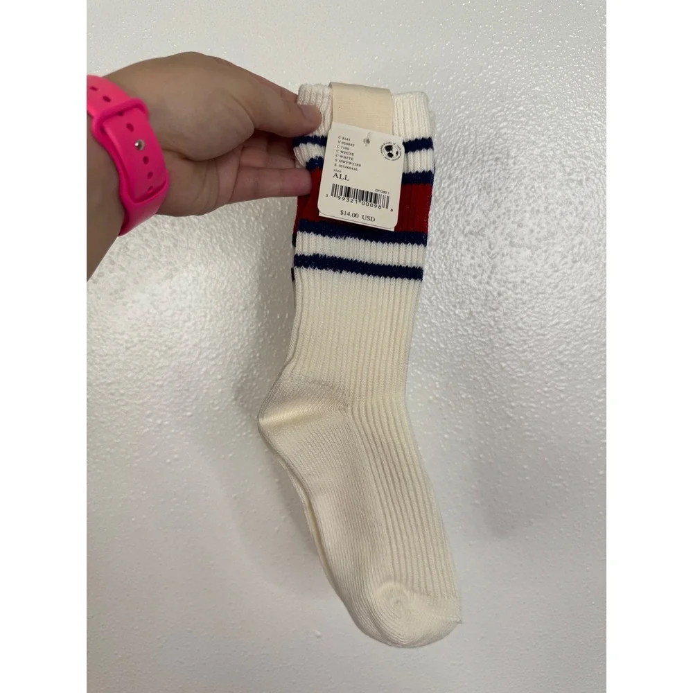 Free People Varsity Stripe Crew Socks White Red Blue Ribbed Athletic NWT